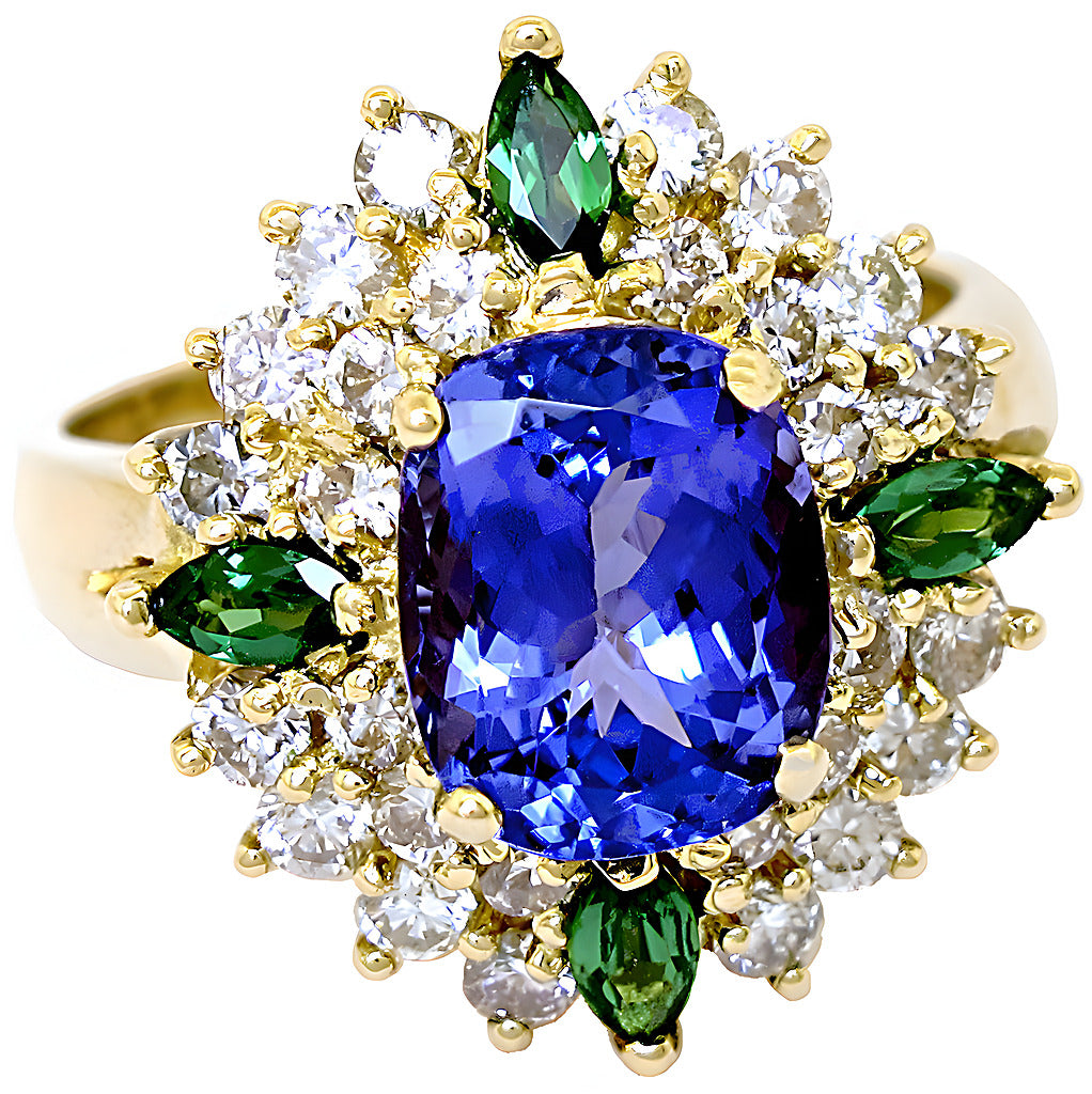 Oval Tanzanite marquise Tsavorite and diamond ring - In House Treasure