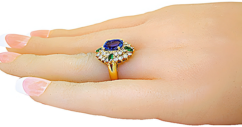 Oval Tanzanite marquise Tsavorite and diamond ring - In House Treasure