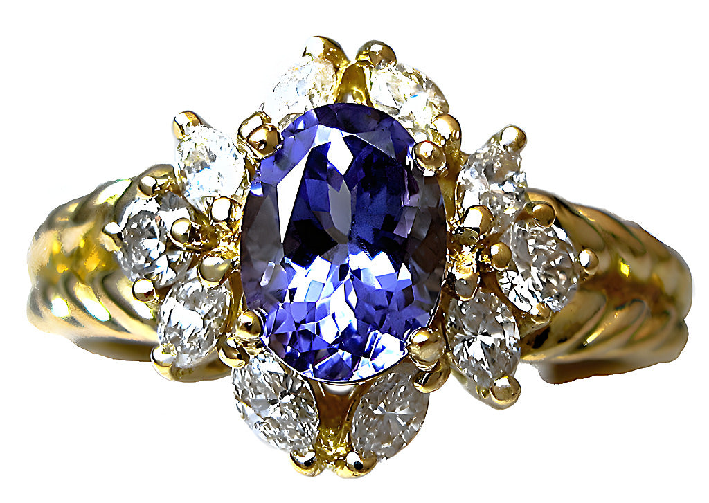 Oval Tanzanite with marquise and round diamonds ring - In House Treasure