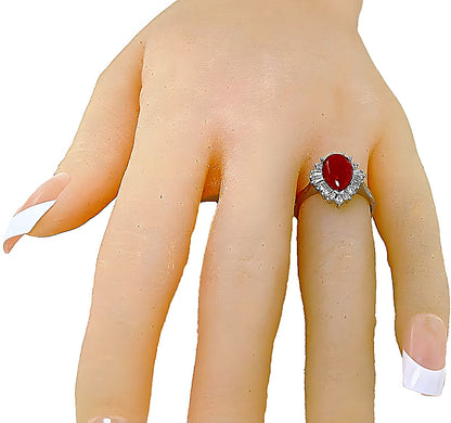 Pear Shape Red Coral Ring & Tapered Round Diamonds - In House Treasure