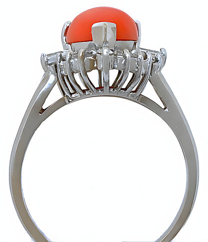 Pear shape Pink Coral ring with round and baguettes diamonds - In House Treasure