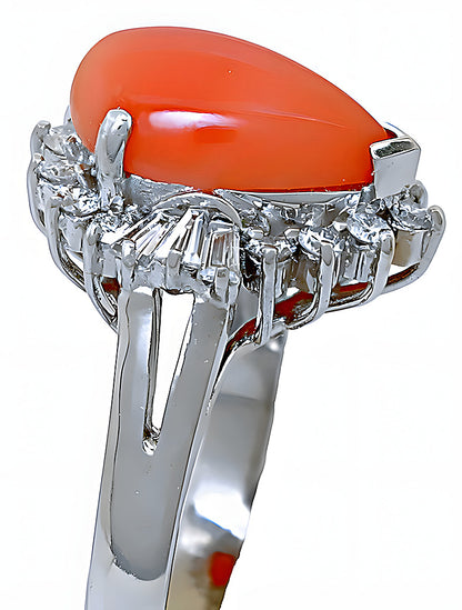 Pear shape Pink Coral ring with round and  baguettes diamonds - In House Treasure