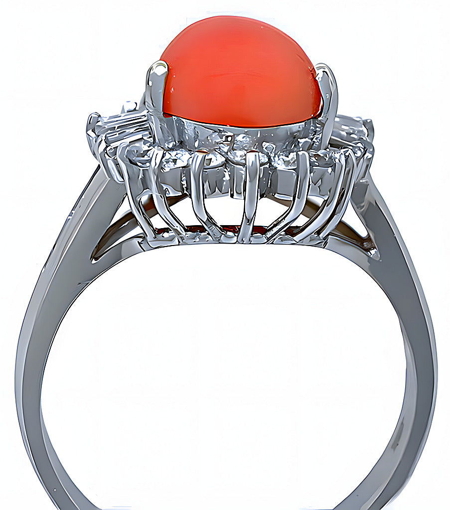 Pear shape Pink Coral ring with round-baguettes diamonds - In House Treasure