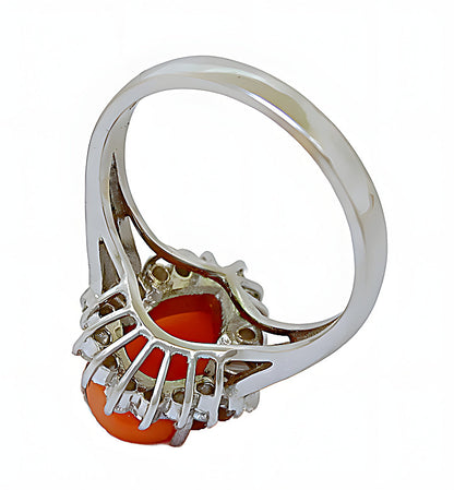 Pear shape Pink Coral ring with round and baguettes diamonds - In House Treasure