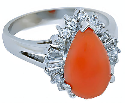 Pear shape Pink Coral ring with round and baguettes diamonds - In House Treasure