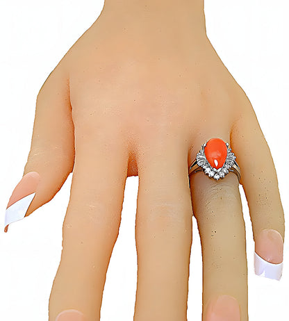 Pear shape Pink Coral ring with round and baguettes diamonds - In House Treasure