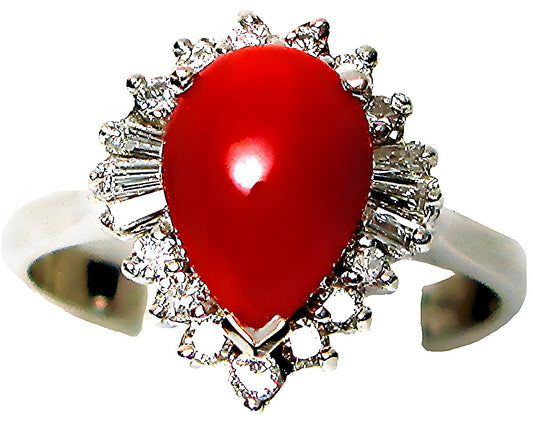 Pear shape Red Coral ring with round and baguette diamonds - In House Treasure 