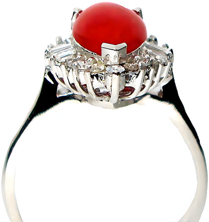 Pear shape Red Coral ring with round and baguette diamonds - In House Treasure 