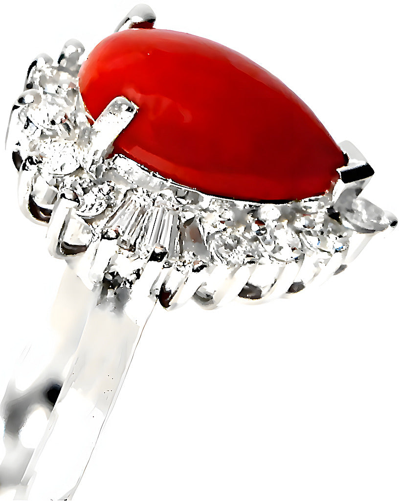 Pear shape Red Coral ring with round and baguette diamonds - In House Treasure 