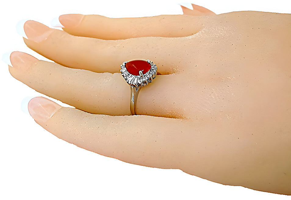 Pear shape Red Coral ring with round and baguette diamonds - In House Treasure 