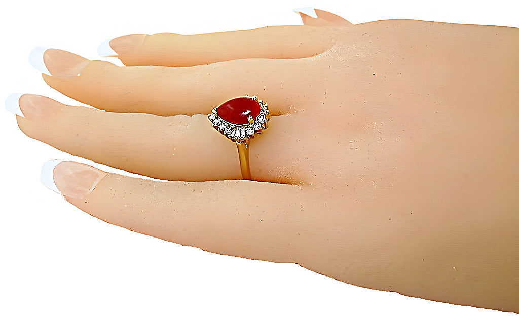 Pear shape Red Coral round and baguette diamond ring - In House Treasure