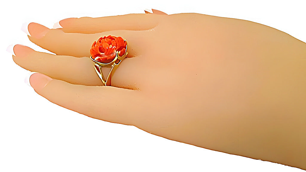 Pink Coral Carving Flower Ring - In House Treasure