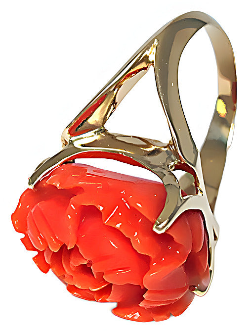Pink Coral Carving Flower Ring - In House Treasure