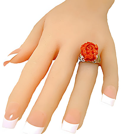 Pink Coral flower carving ring - In House Treasure