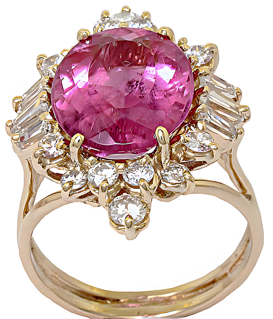 Pink Tourmaline with baguettes and round diamonds ring - In House Treasure