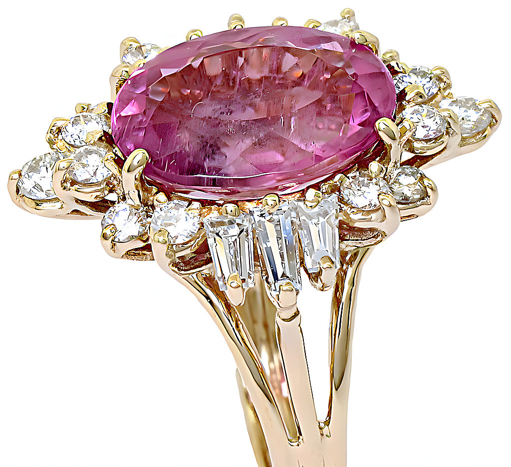 Pink Tourmaline with baguettes and round diamonds ring - In House Treasure