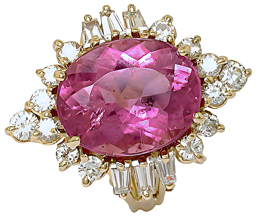 Pink Tourmaline with baguettes and round diamonds ring - In House Treasure