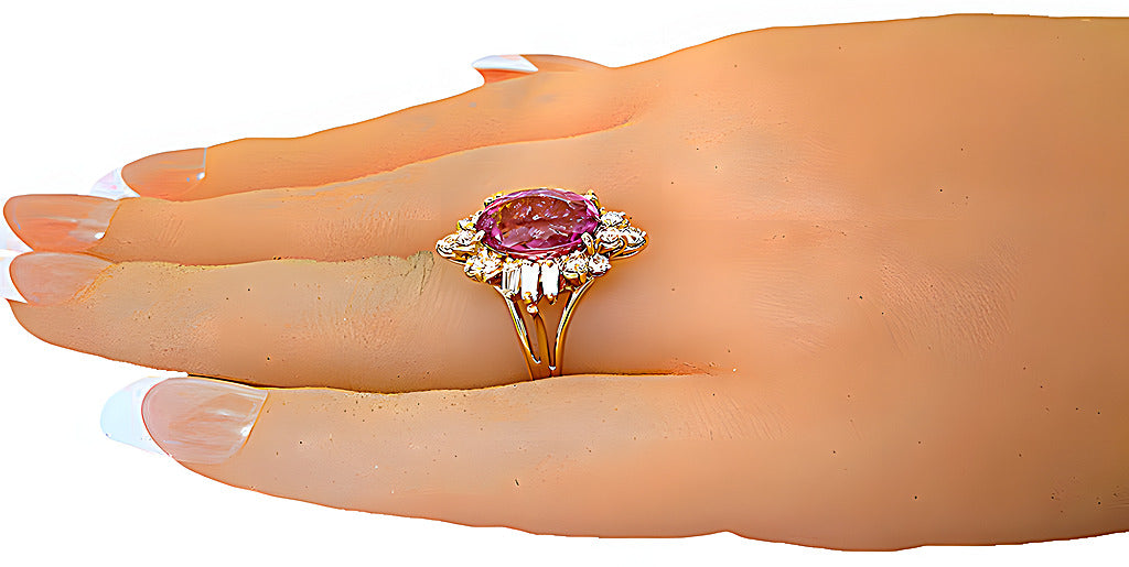 Pink Tourmaline with baguettes and round diamonds ring - In House Treasure