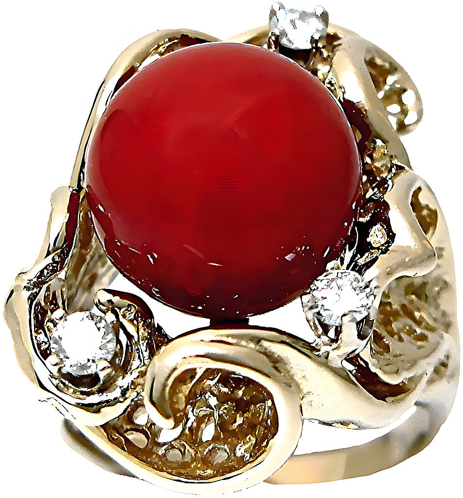 Red Coral Bead Ring & Diamonds - In House Treasure