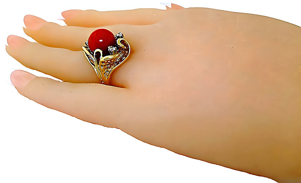 Red Coral Bead Ring & Diamonds - In House Treasure
