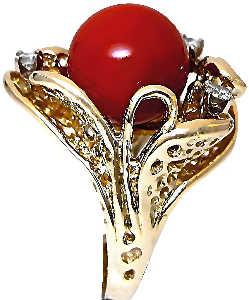 Red Coral bead and diamond ring - In House Treasure