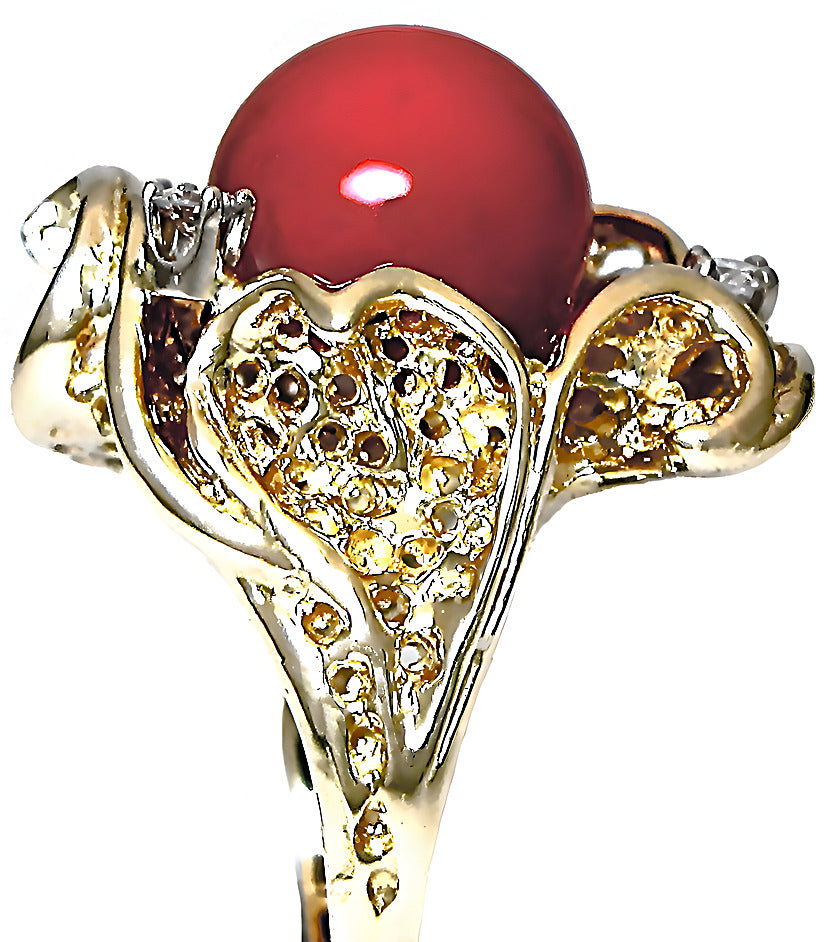 Red Coral bead and diamond ring - In House Treasure