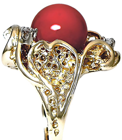 Red Coral bead and diamond ring - In House Treasure