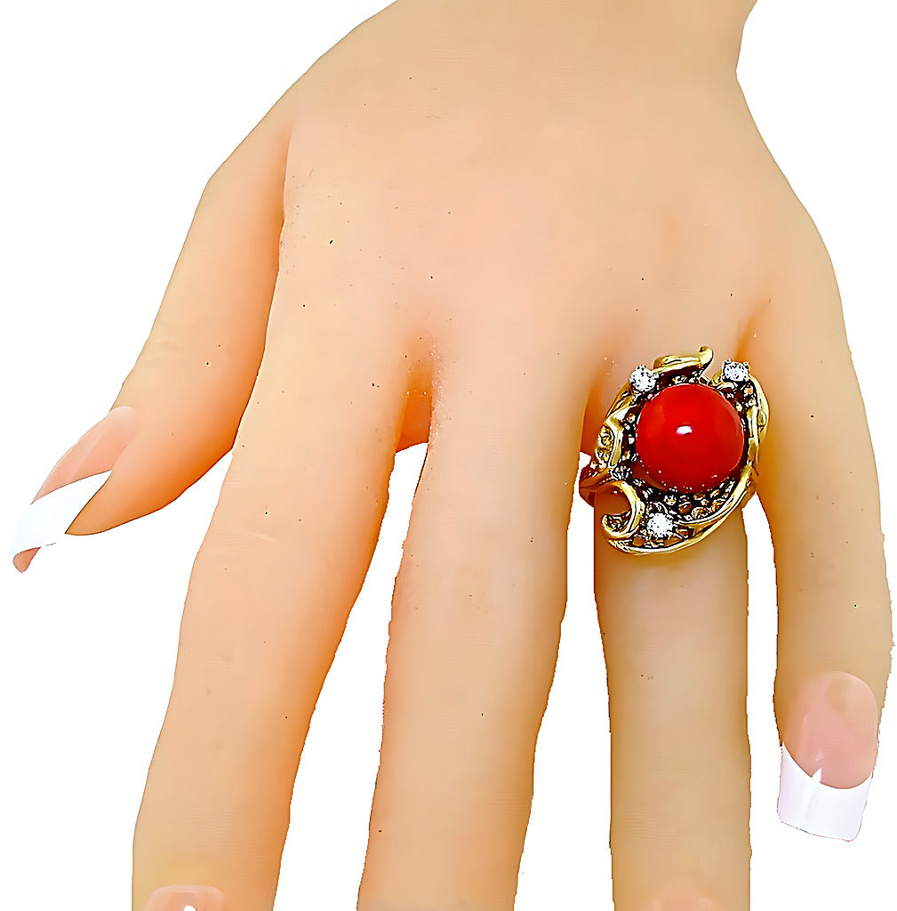 Red Coral bead and diamond ring - In House Treasure