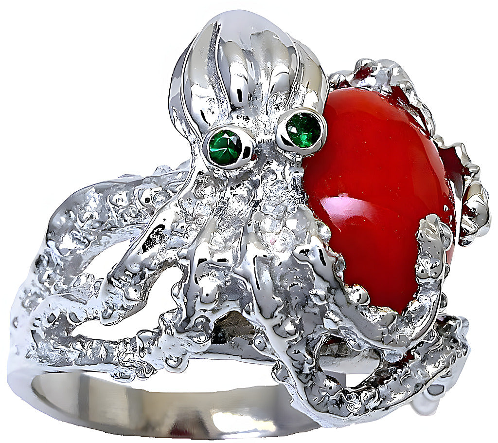 Red Oval Cabochon Coral Octopus Ring - In House Treasure
