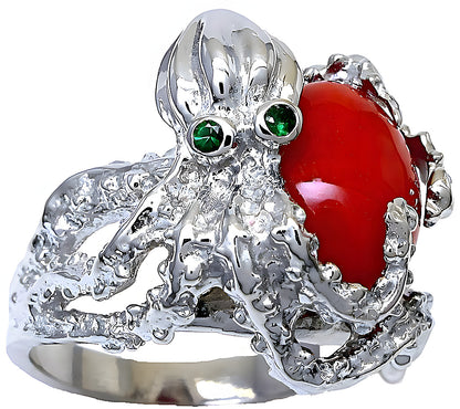 Red Oval Cabochon Coral Octopus Ring - In House Treasure