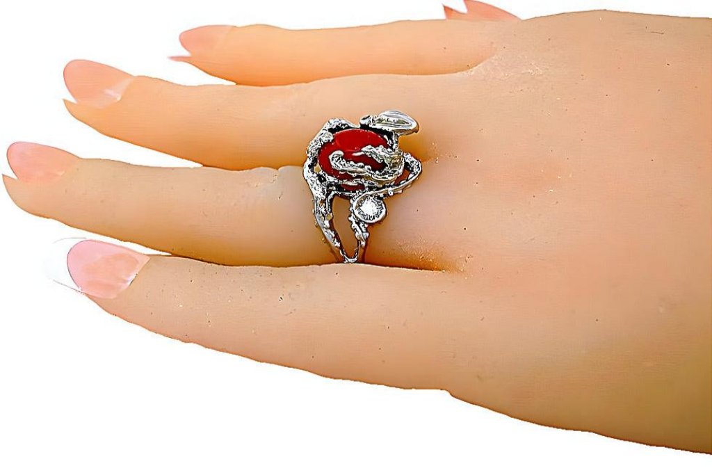 Red Oval Cabochon Coral Octopus Ring - In House Treasure