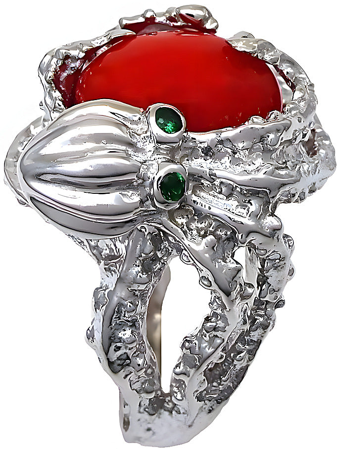 Red Oval Cabochon Coral Octopus Ring - In House Treasure