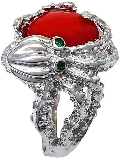 Red Oval Cabochon Coral Octopus Ring - In House Treasure