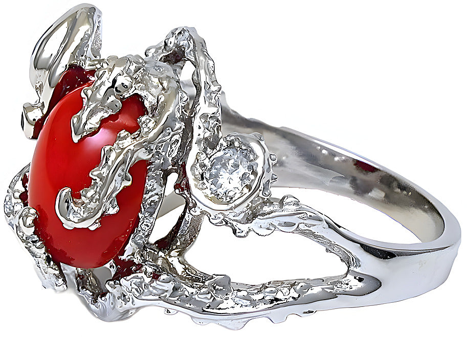 Red Oval Cabochon Coral Octopus Ring - In House Treasure