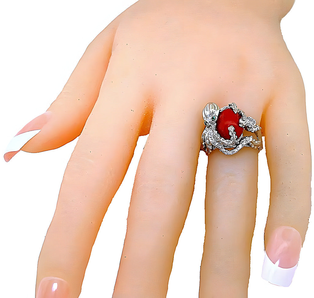 Red oval cabochon Coral Octopus ring - In House Treasure