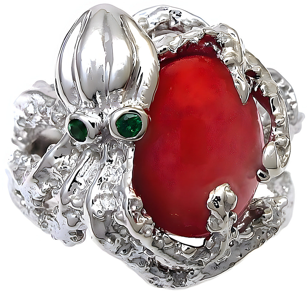 Red oval cabochon Coral Octopus ring - In House Treasure