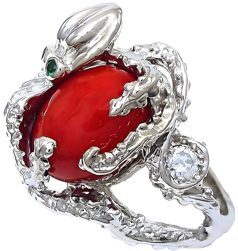 Red oval cabochon Coral Octopus ring - In House Treasure