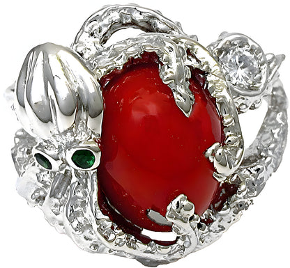Red oval cabochon Coral Octopus ring - In House Treasure
