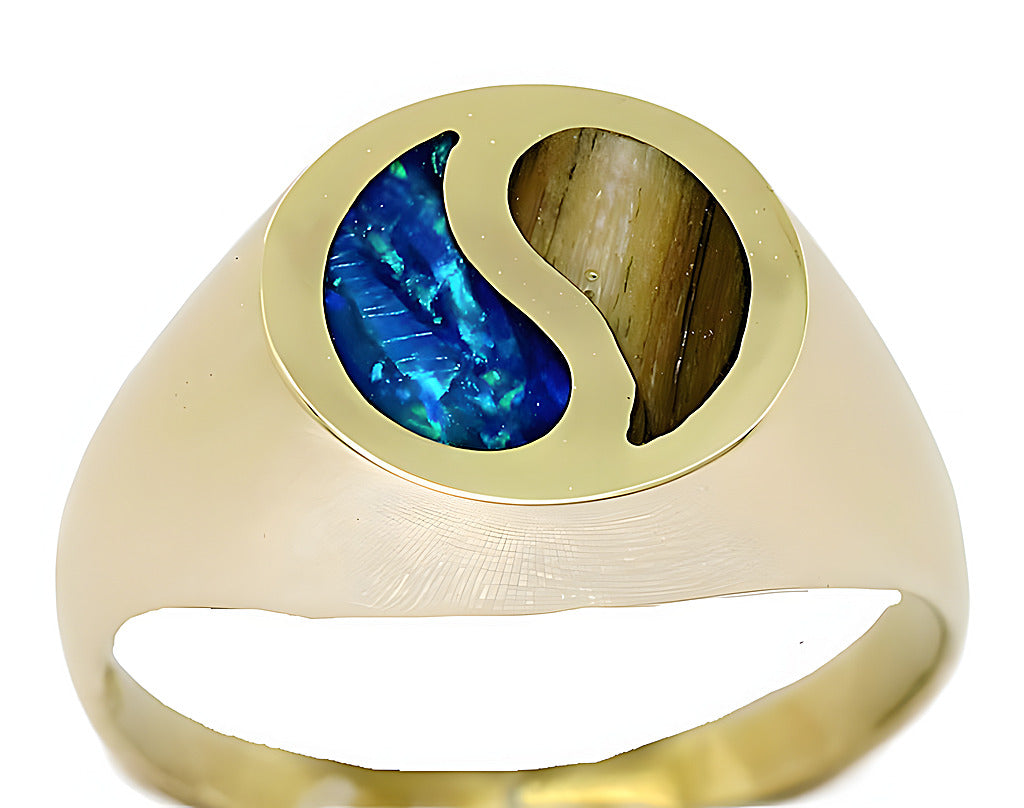 Synthetic Opal and Gold Coral Yin Yang inlay ring - In House Treasure