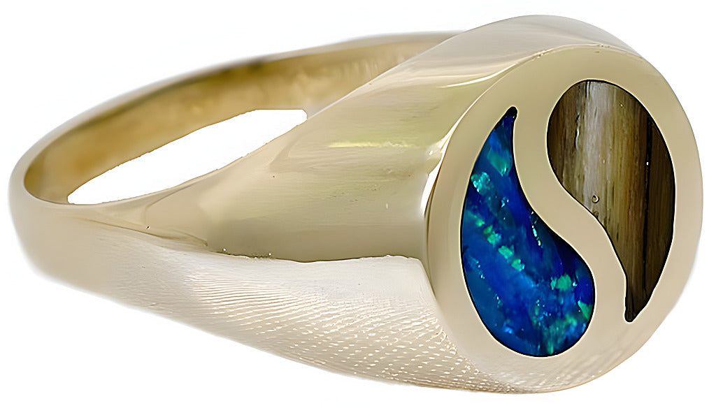 Synthetic Opal and Gold Coral Yin Yang inlay ring - In House Treasure