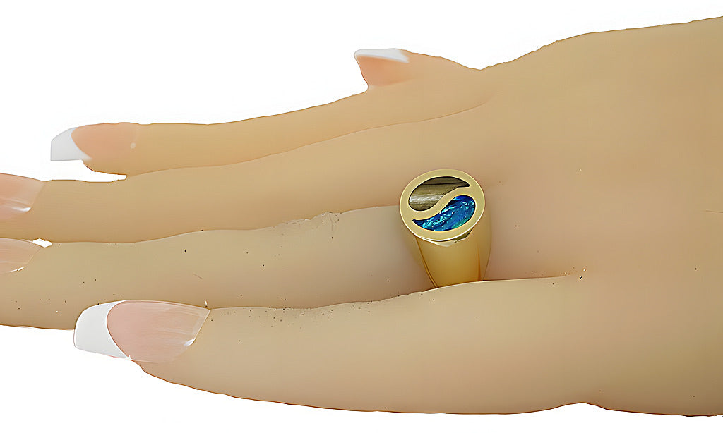 Synthetic Opal and Gold Coral Yin Yang inlay ring - In House Treasure