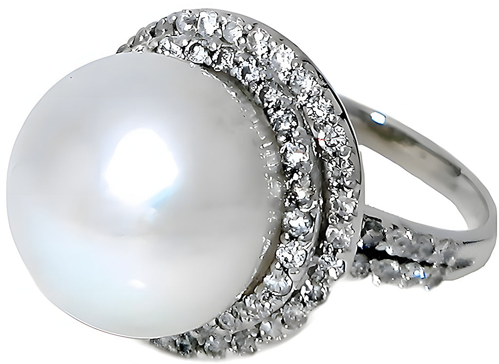 White South Sea pearl with halo and diamond ring - In House Treasure