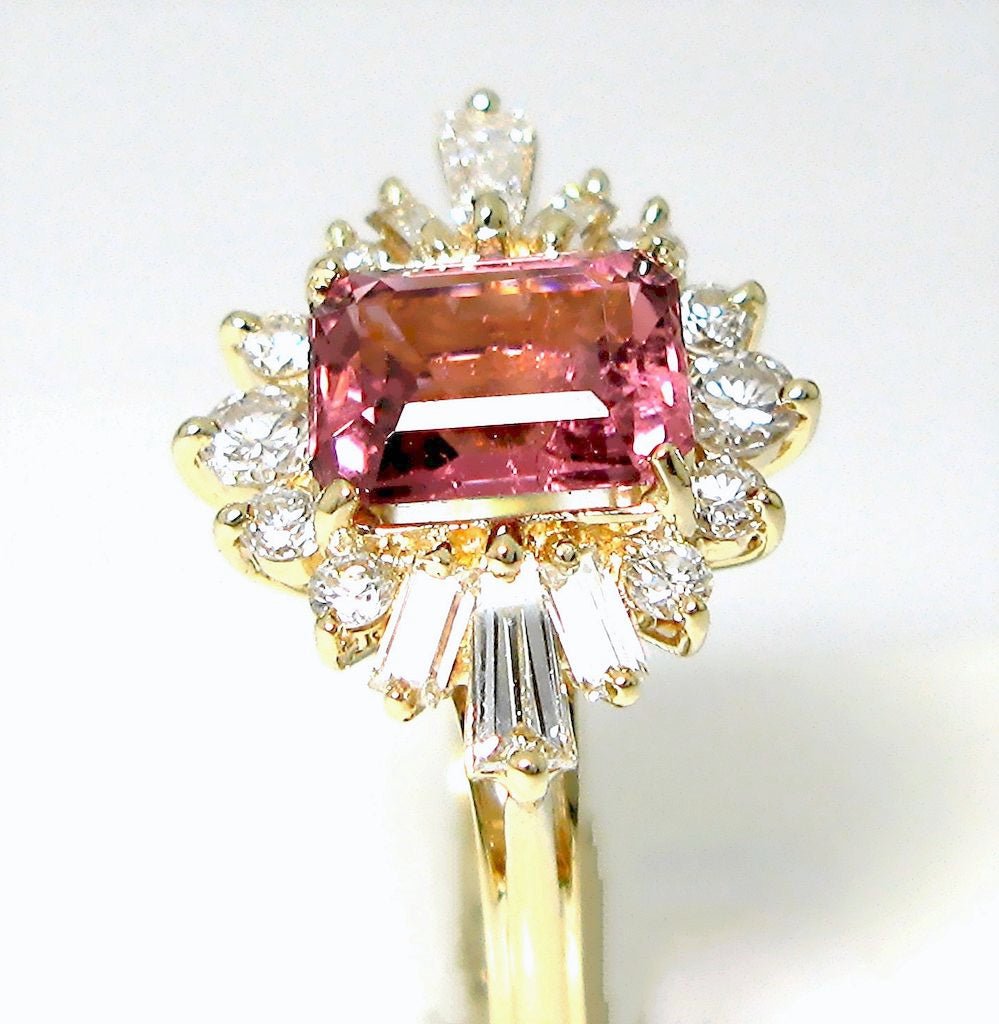 14k-y gold Emerald cut Pink Tourmaline ring with tapered baguettes and round diamonds - In House Treasure
