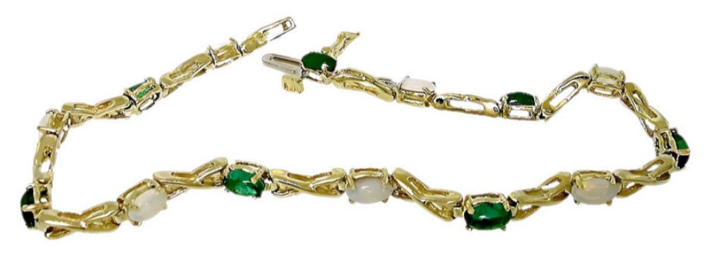14k yellow gold Colombian cabochon Emerald and Australian opal bracelet - In House Treasure