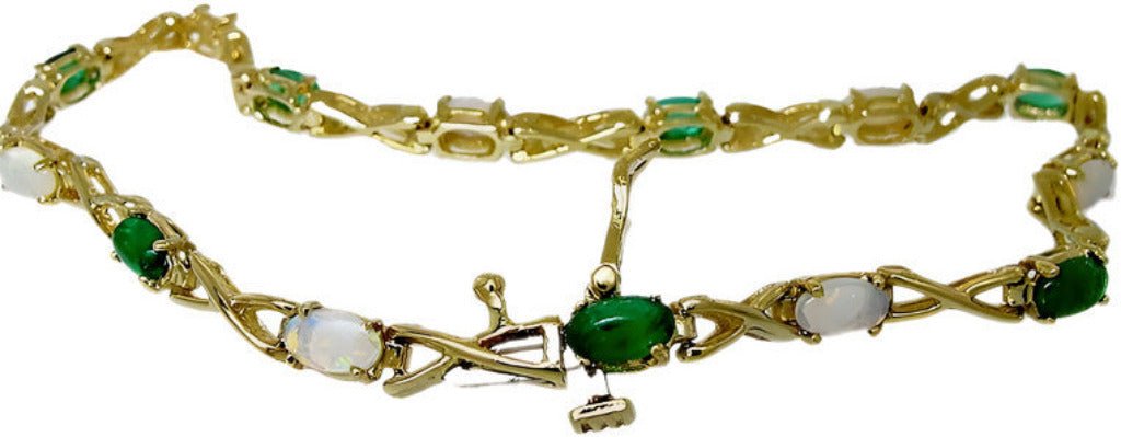 14k yellow gold Colombian cabochon Emerald and Australian opal bracelet - In House Treasure