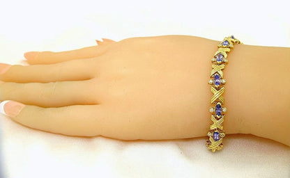 14k yellow gold, Marquis Tanzanite bracelet with diamond - In House Treasure
