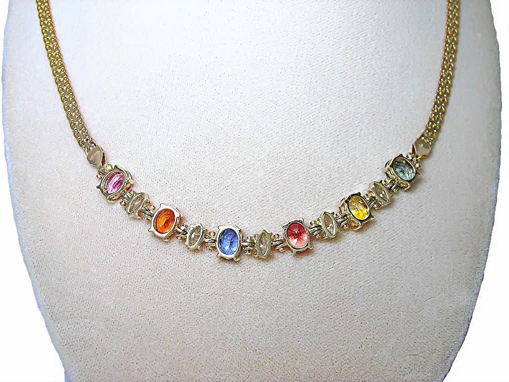 14k yellow gold necklace with marque diamond and multicolor oval sapphire - In House Treasure