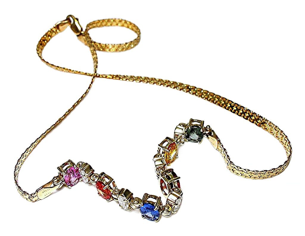 14k yellow gold necklace with marque diamond and multicolor oval sapphire - In House Treasure
