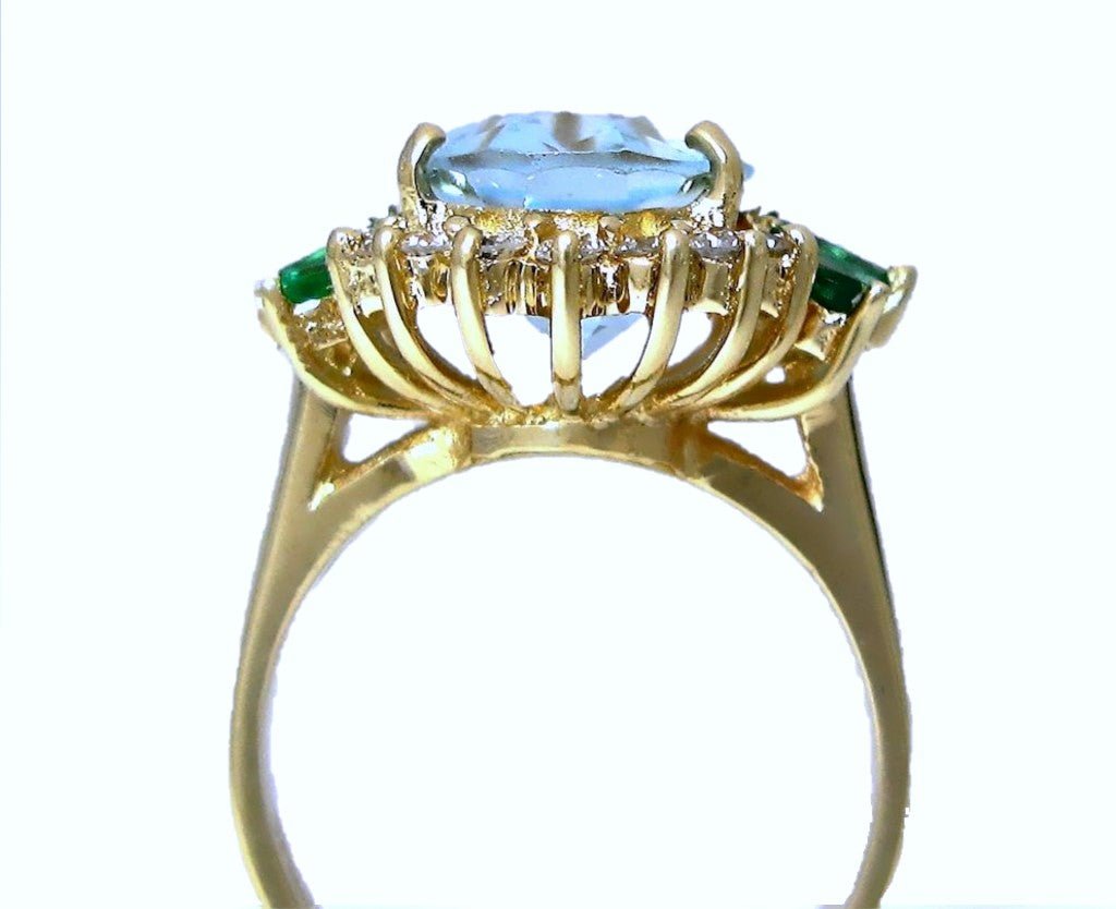 14k yellow gold Oval Aquamarine diamond and marques emerald ring - In House Treasure