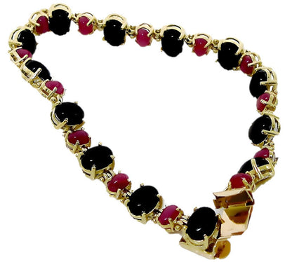 14k yellow gold Oval Black Coral and Cabochon Ruby Bracelet - In House Treasure